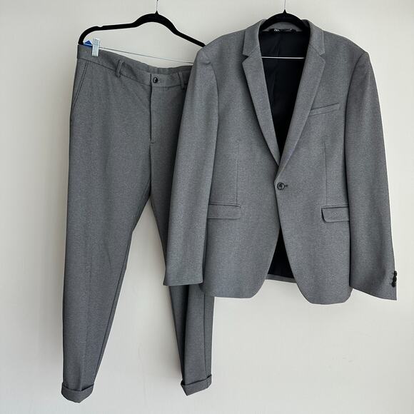 Zara Suit Mens 42 Jacket 32 Pants 2Pc Gray Stretch Comfort Knit Textured Career - Picture 1 of 12